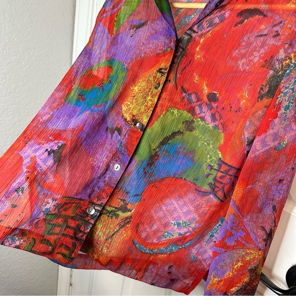 VTG Notations By Chico’s Red Multicolor Oriental Print Button Down Sz 1 / M Boho - Picture 3 of 7